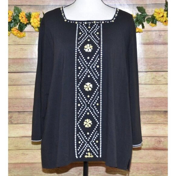 Alfred Dunner Ladies 1X Black Knit Top Scalloped Edge Beaded Floral 3/4 Sleeve - Picture 1 of 9